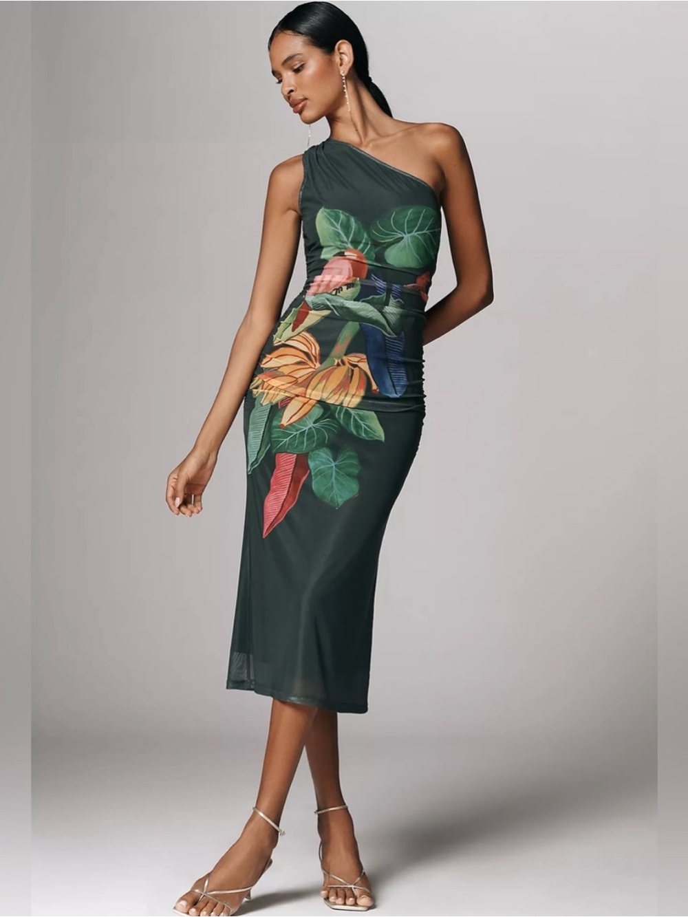 Farm Rio One-Shoulder Green Parrot Floral Tropical Midi Dress